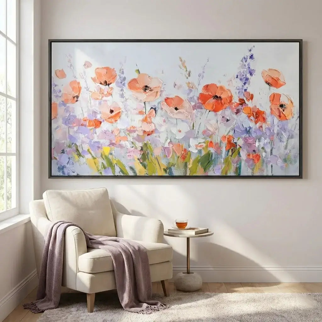 Floral painting on a wall above a chair with a blanket