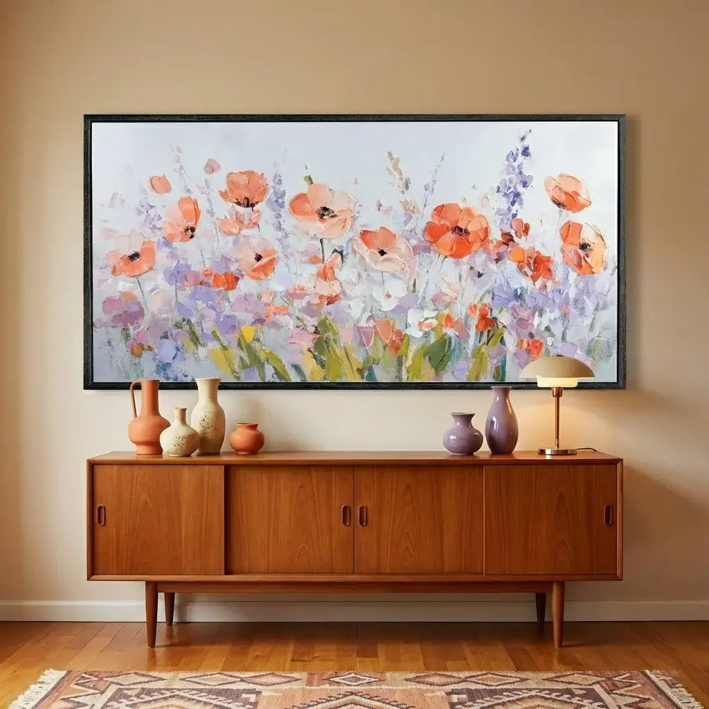 Floral painting on a wall above a wooden cabinet with decorative vases.
