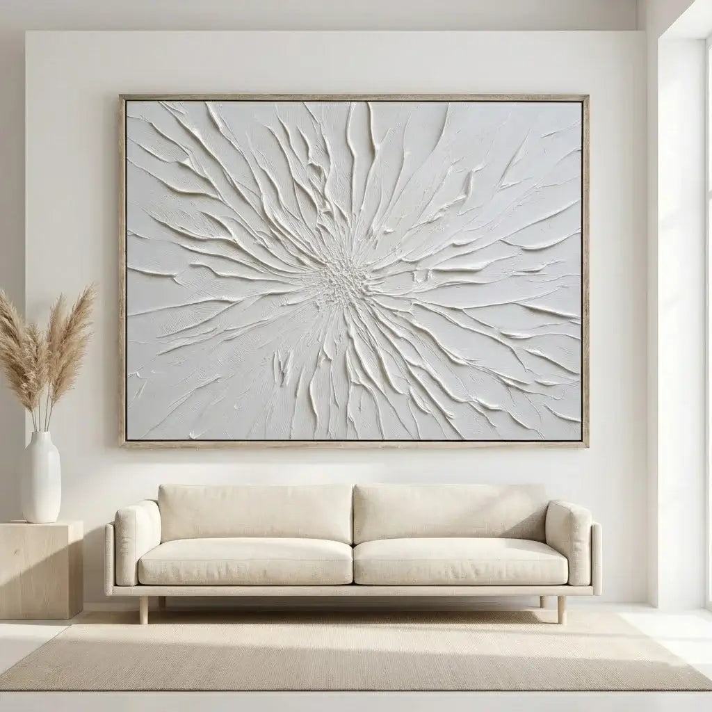 Abstract wall art above a beige sofa in a modern living room.