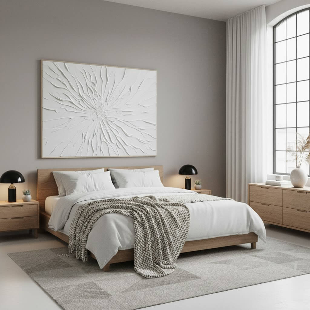 Modern bedroom with a bed, nightstands, and wall art.