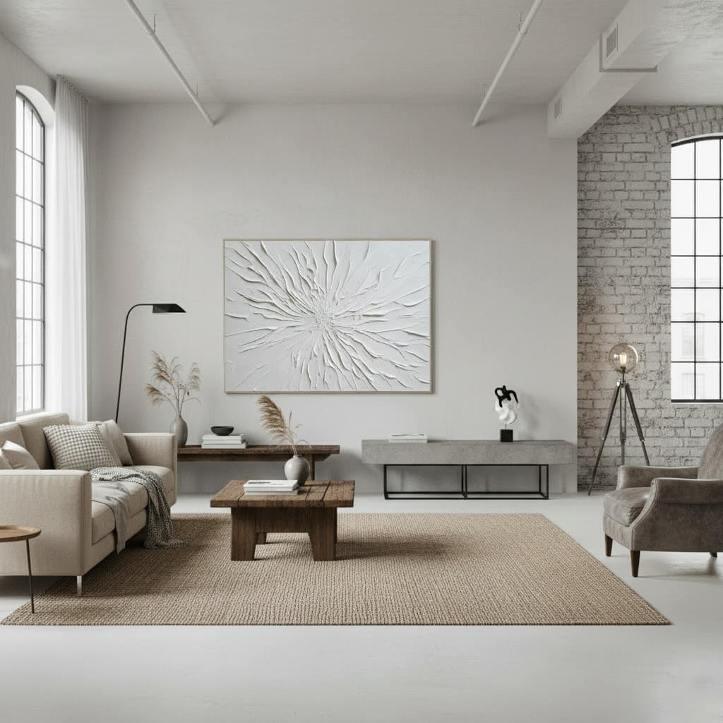 Modern living room with neutral tones, a sofa, coffee table, and decorative elements.