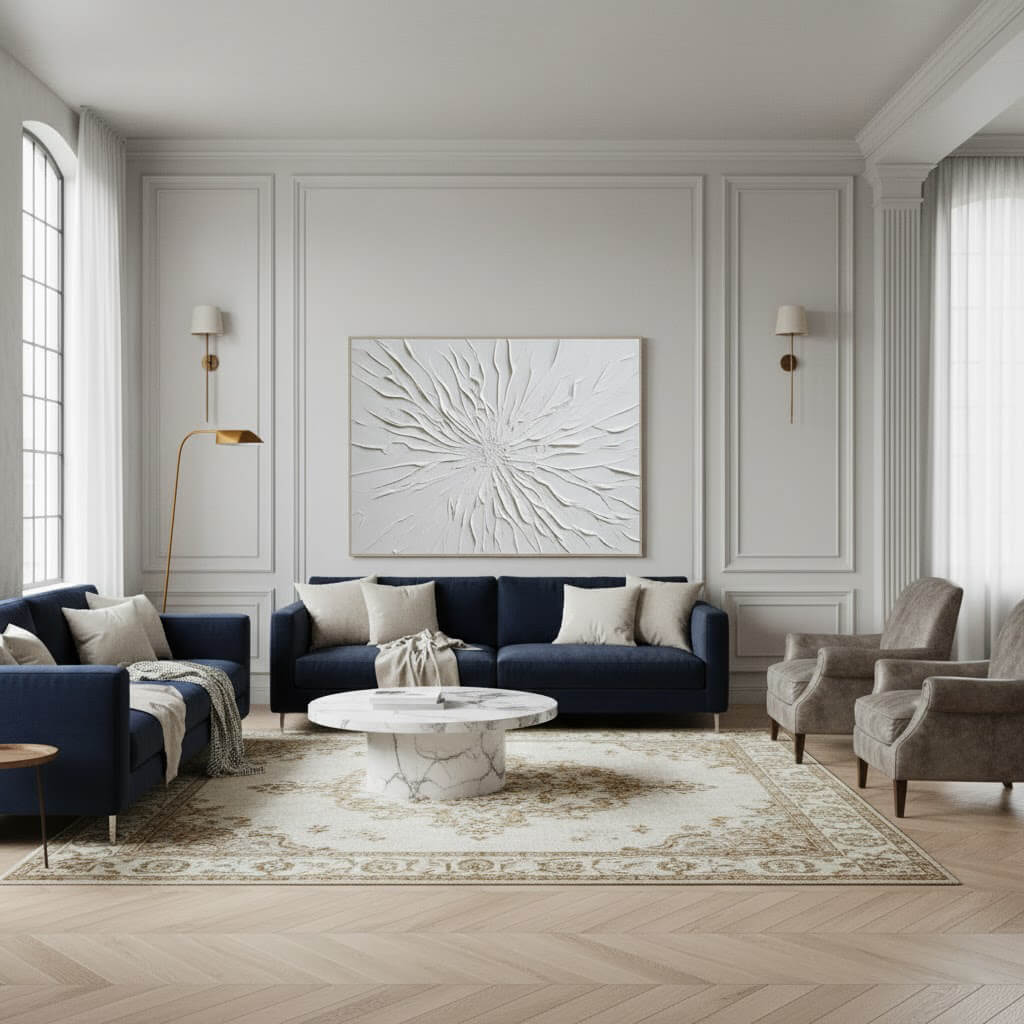 Modern living room with navy blue sofa, marble coffee table, and abstract wall art.