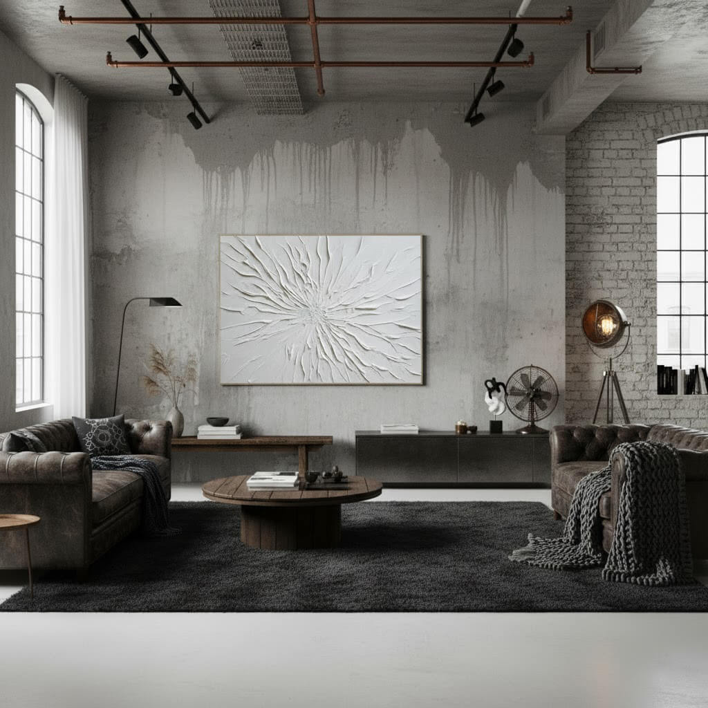 Modern living room with gray walls, brick wall, and abstract art.