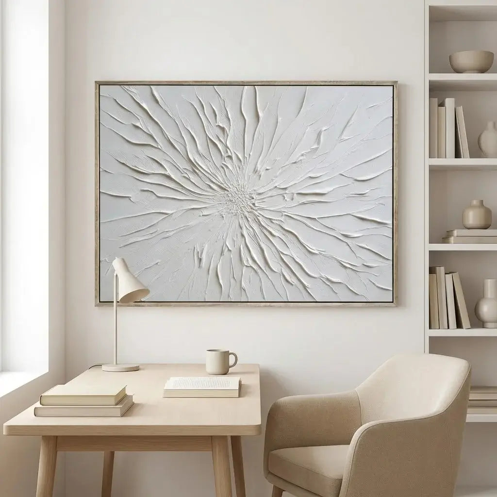 Modern interior with abstract wall art, desk, and chair.