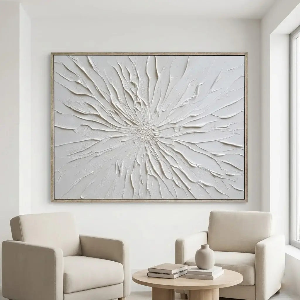 Modern living room with abstract wall art and beige furniture