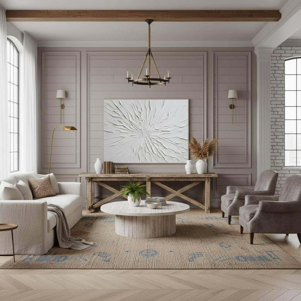 Modern living room with wooden furniture, artwork, and decorative elements.