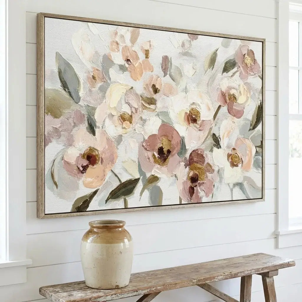 Floral painting on a wall with a wooden bench and vase below