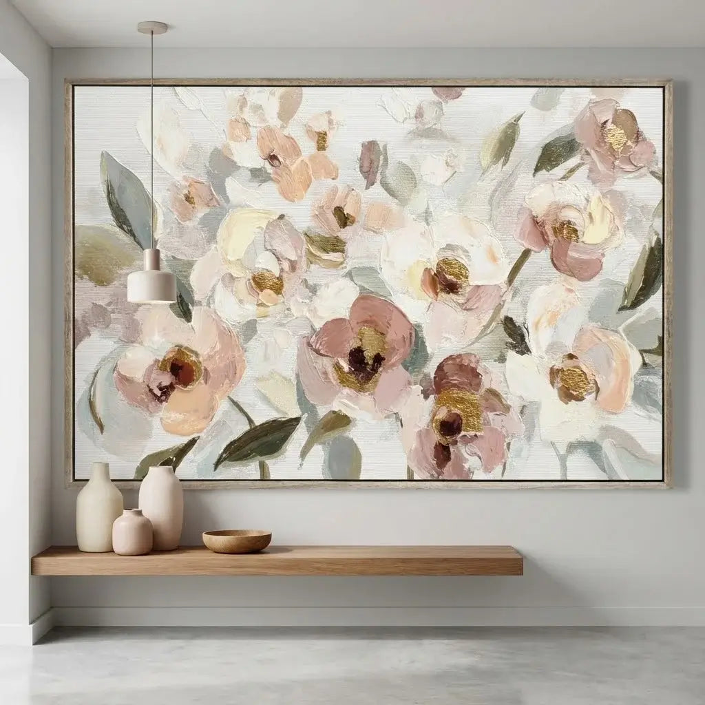 Floral painting on a wall with a wooden shelf below