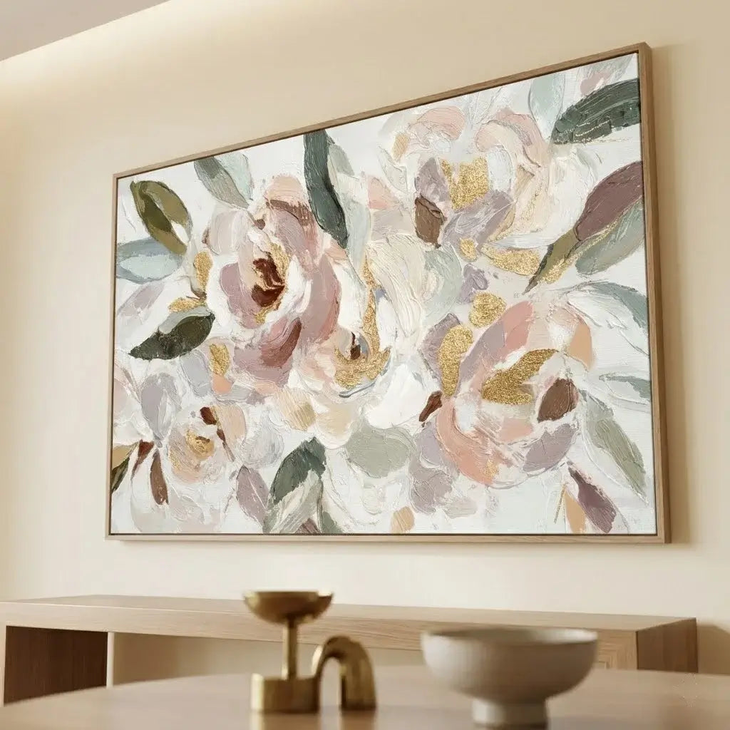 Floral painting in a wooden frame on a wall