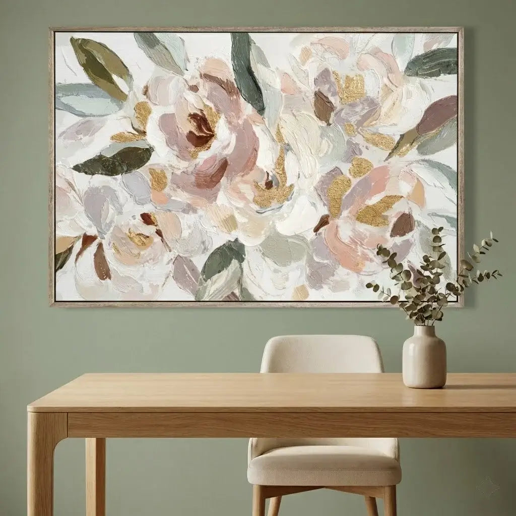 Floral painting on a wall above a wooden table with a vase of flowers.