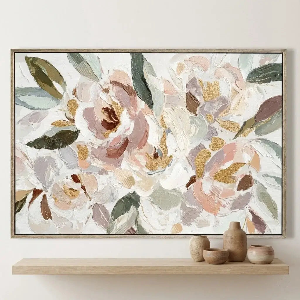 Framed floral artwork on a wall with decorative vases below.