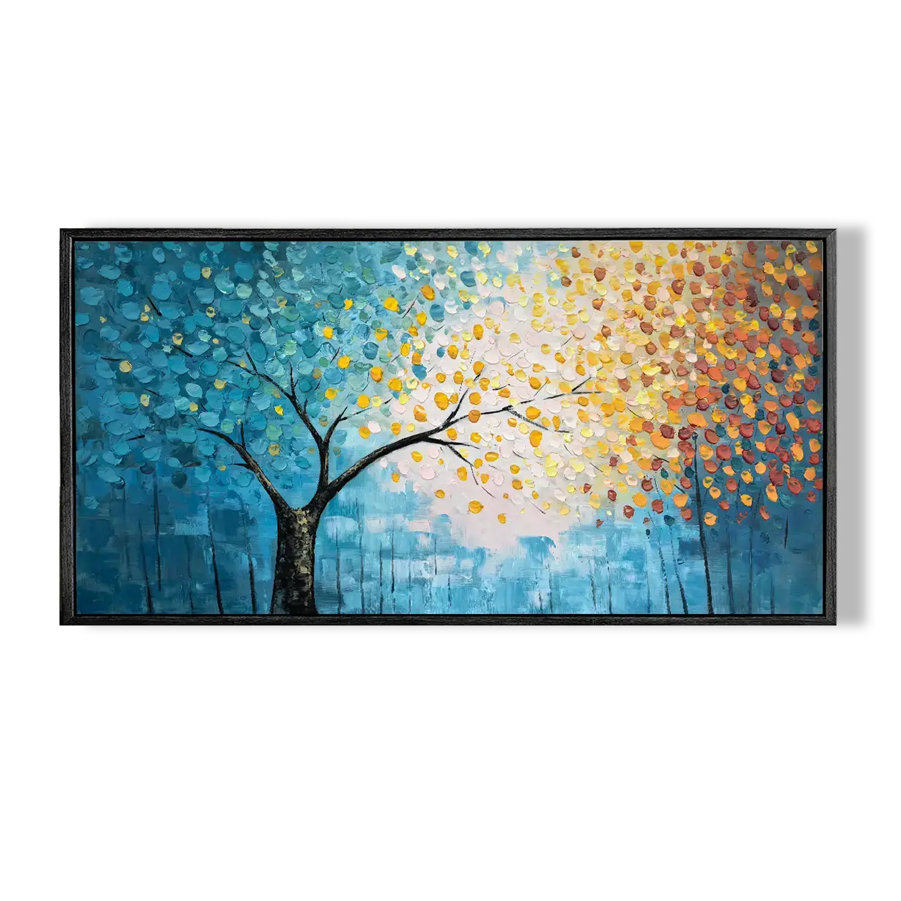 Abstract painting of a tree with blue, yellow, and brown foliage on a white background