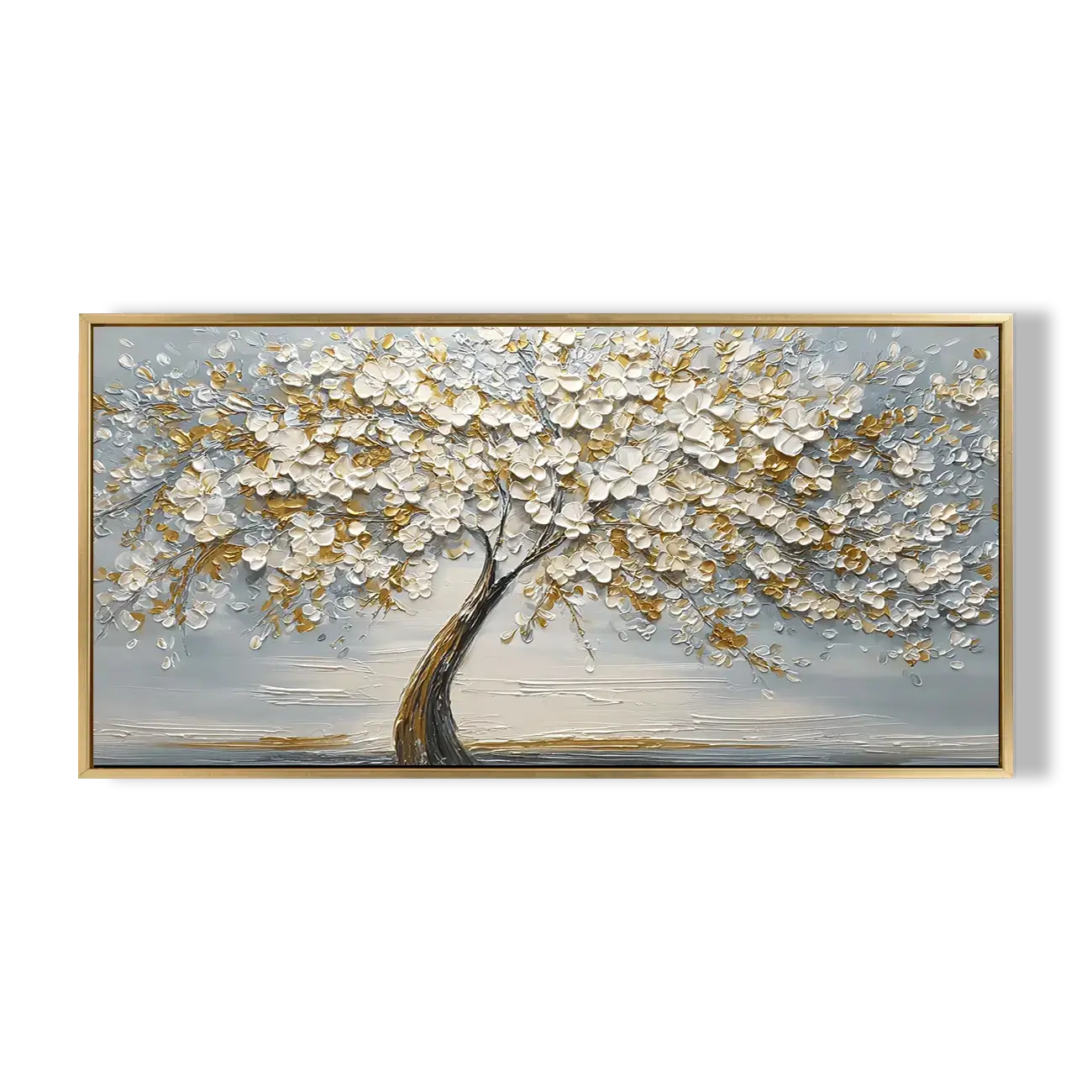 Painting of a tree with white and gold leaves on a gray background