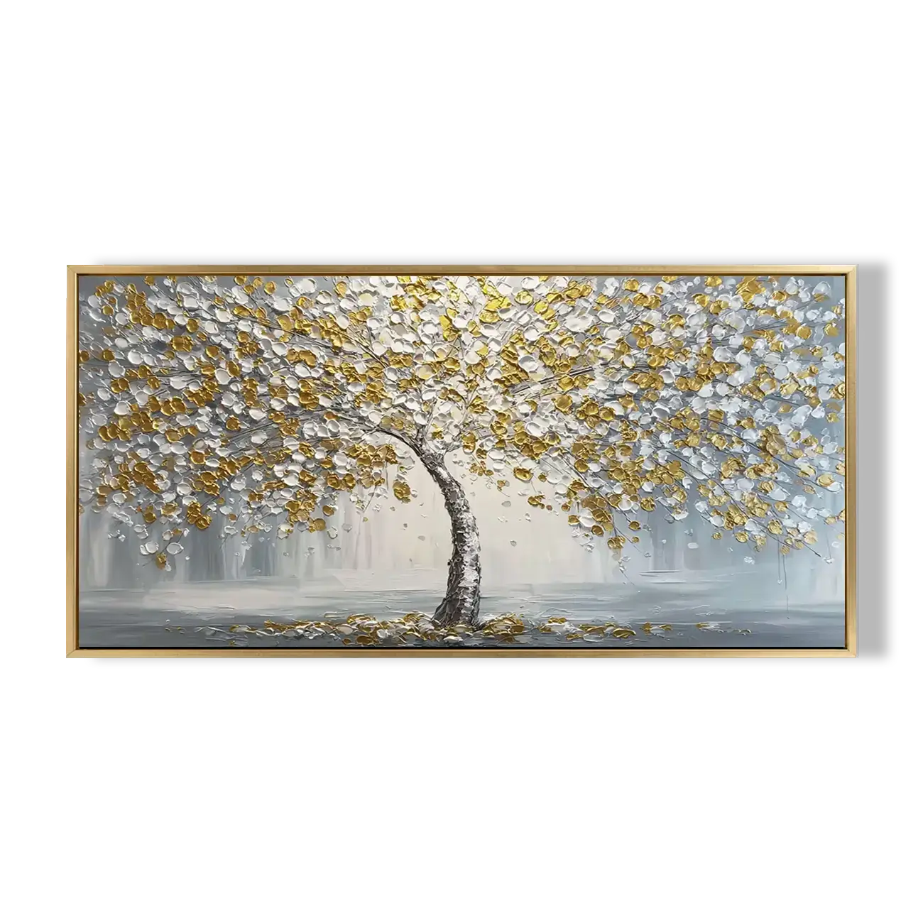 Decorative wall art of a tree with gold and white leaves on a white background