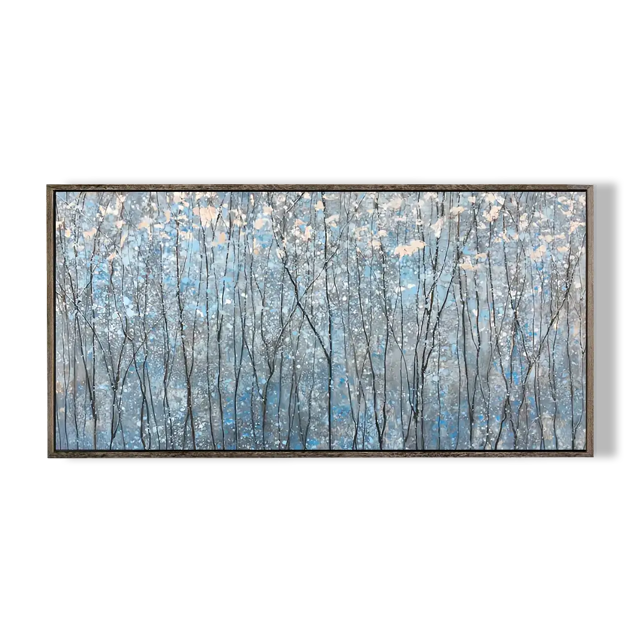 Framed artwork of a forest scene with blue and gray tones on a white background