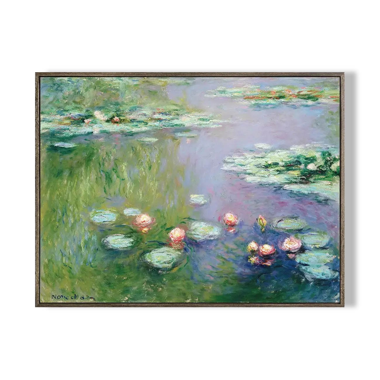 Framed painting of water lilies by Monet on a white background