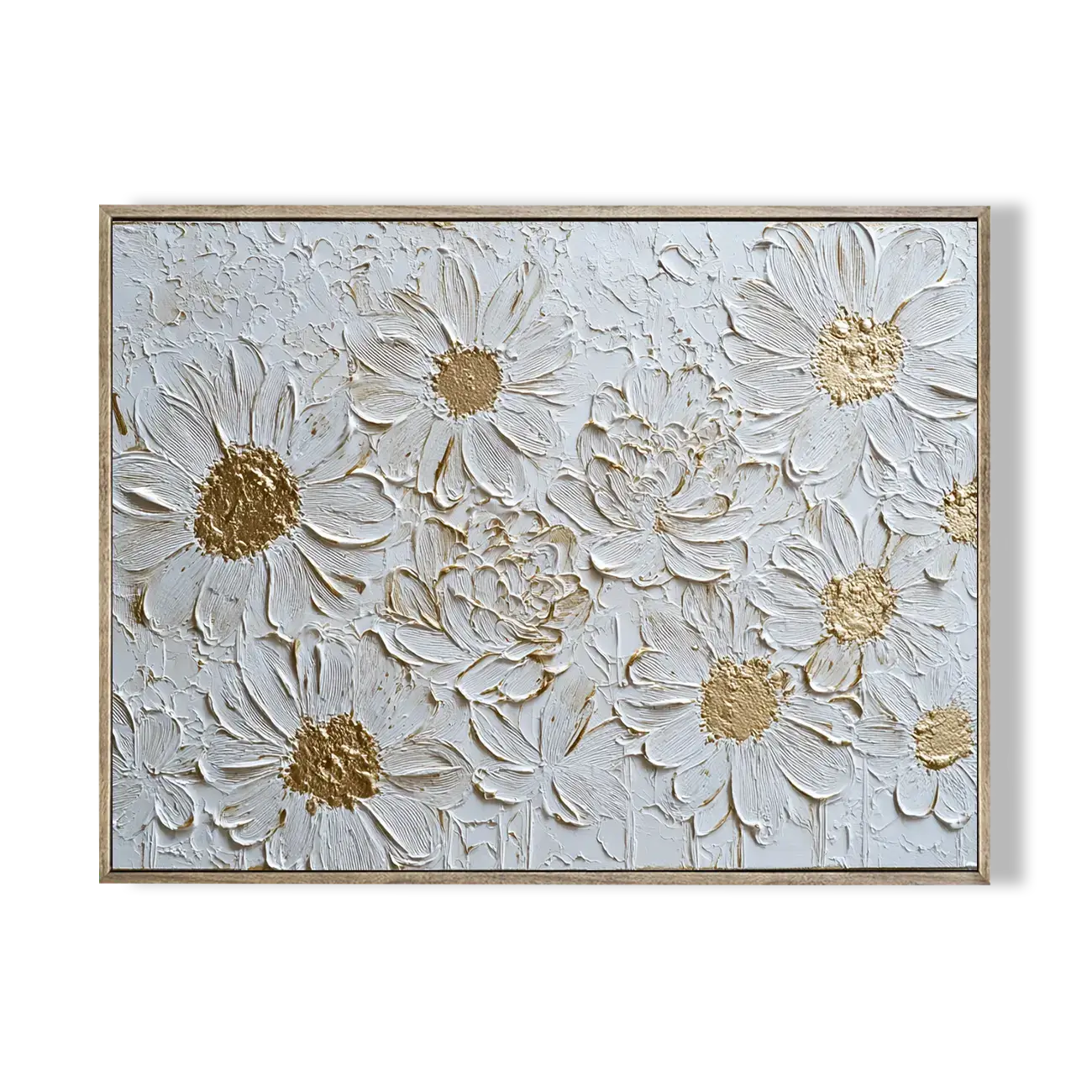 Decorative wall art with white flowers and gold centers on a light blue background