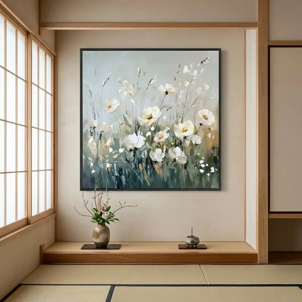 Framed floral painting on a wall in a room with a window and wooden floor.