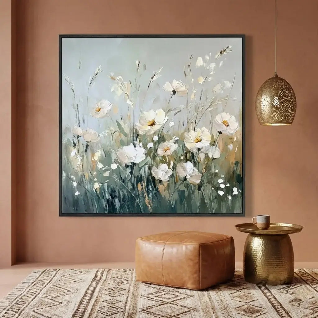 Framed floral painting on a wall with a brown leather ottoman and gold side table below.