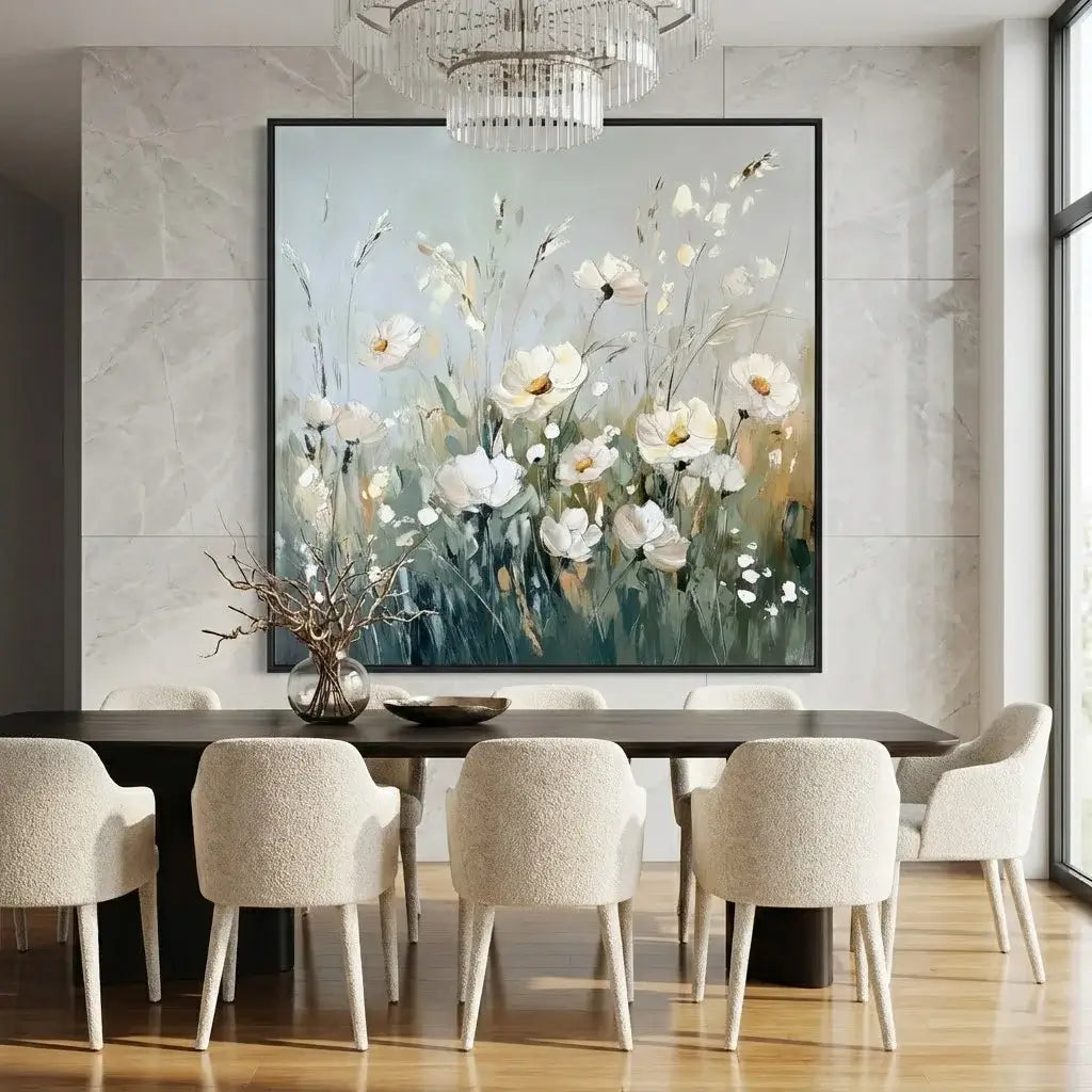 Dining room with a large floral painting on the wall above a table and chairs.
