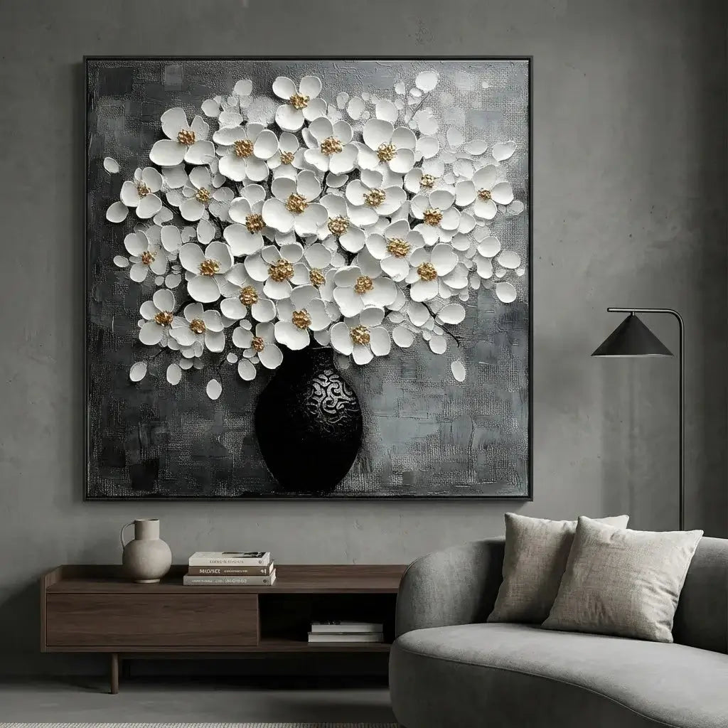 Decorative floral painting on a wall above a sofa in a living room.