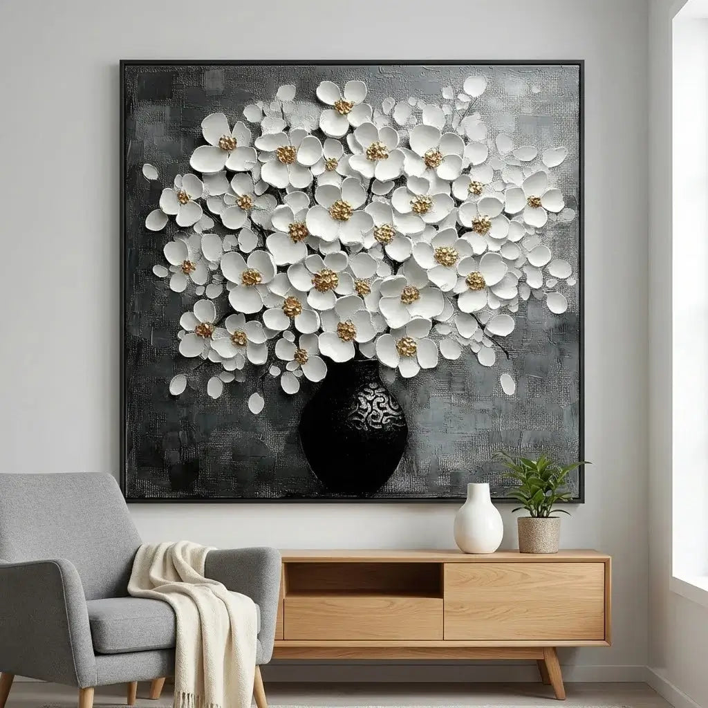 Decorative floral painting on a wall above a wooden console table in a living room.