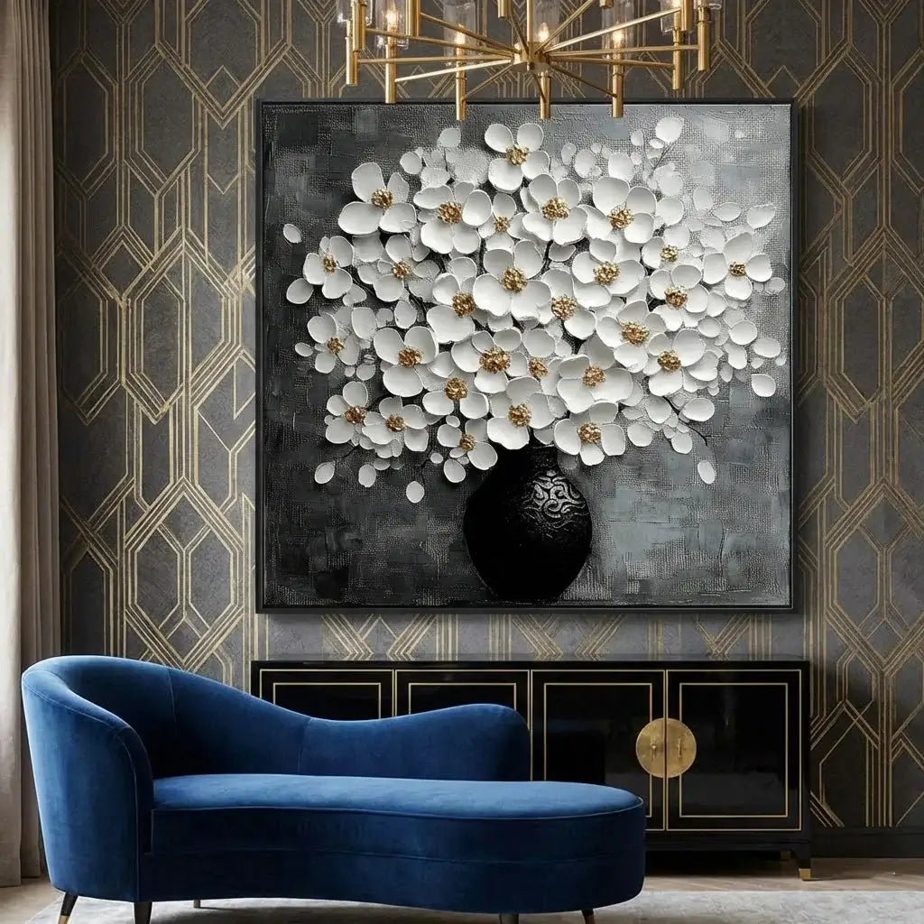 Decorative wall art of white flowers in a black vase on a gray background, with a blue sofa and gold chandelier in the foreground.