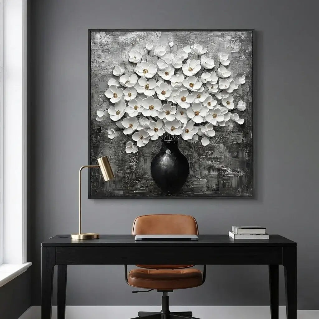 Modern office setup with a desk, chair, and decorative wall art of white flowers in a black vase.