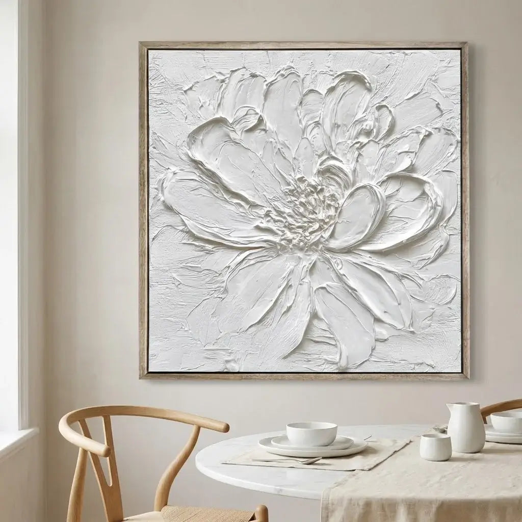 Abstract floral artwork in a modern dining room setting
