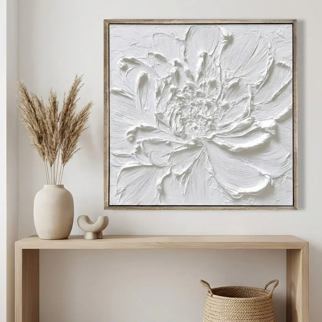 Framed abstract artwork of a flower on a wall above a wooden shelf with decorative items.