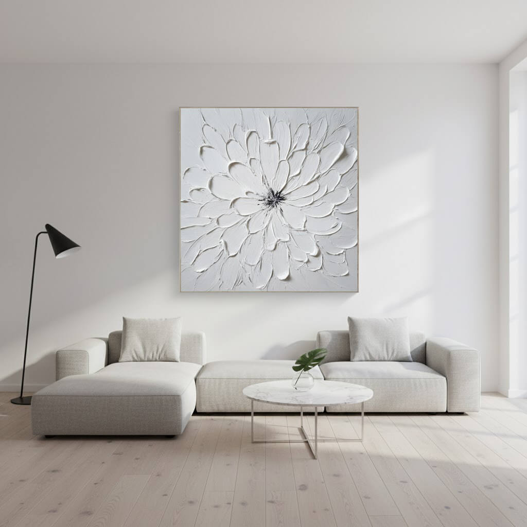 Modern living room with a large abstract floral artwork on the wall.