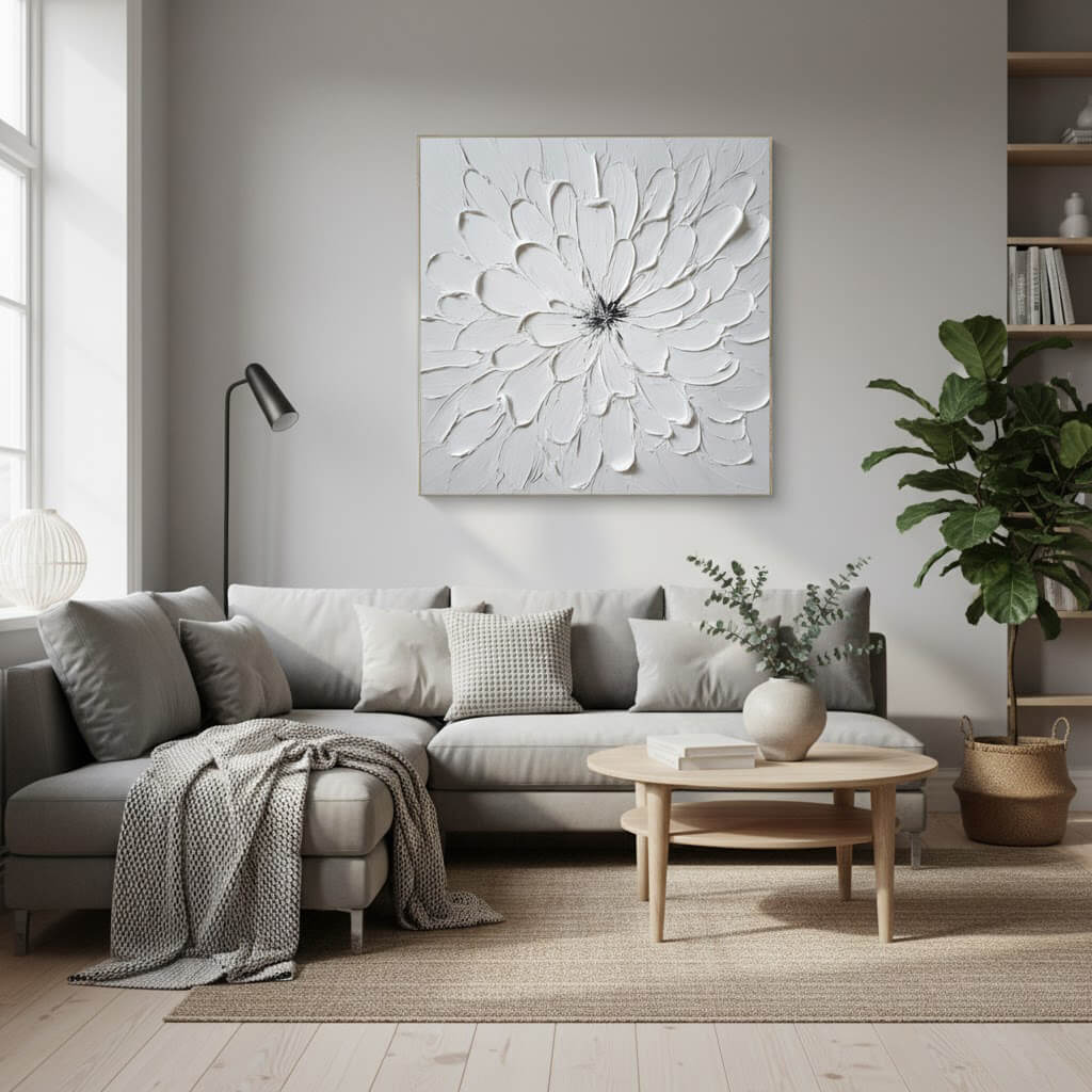 Modern living room with a gray sectional sofa, wooden coffee table, and decorative wall art.