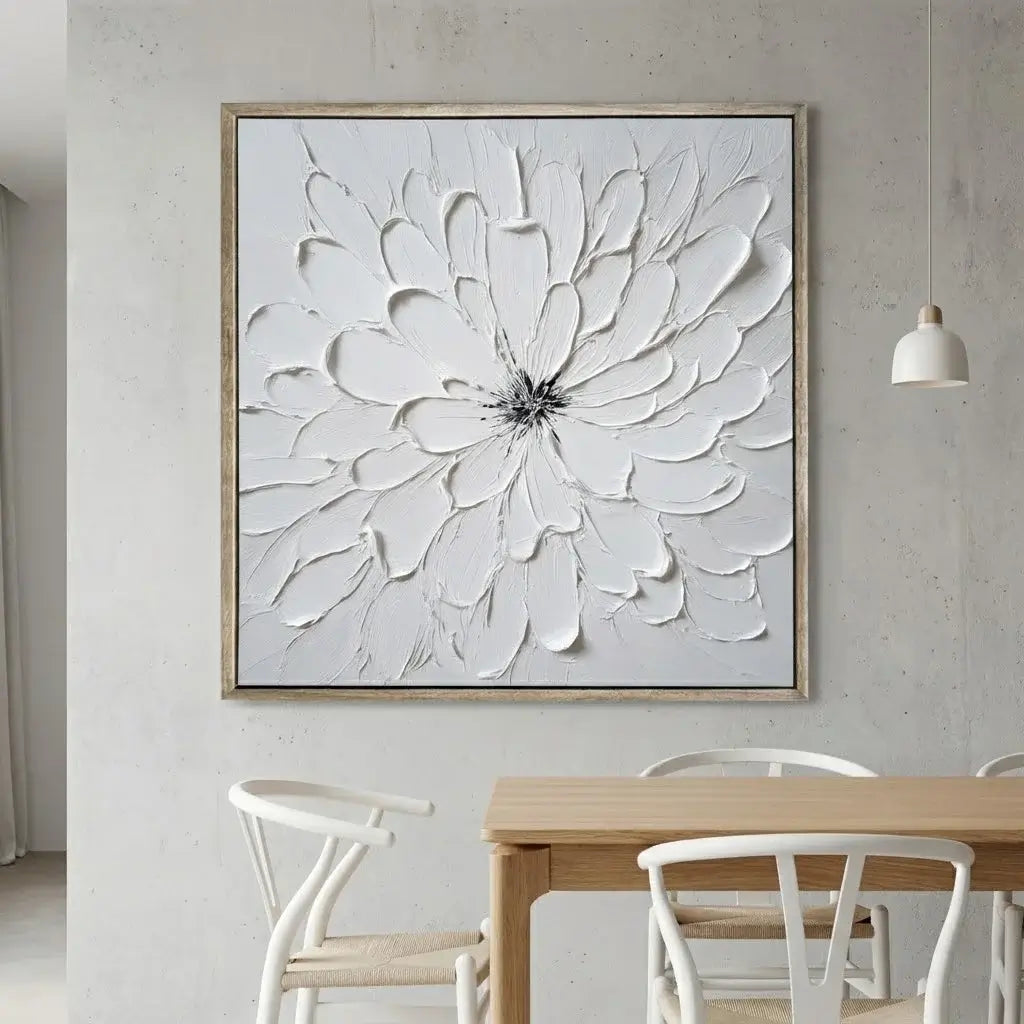 Framed floral artwork on a wall above a dining table with chairs.