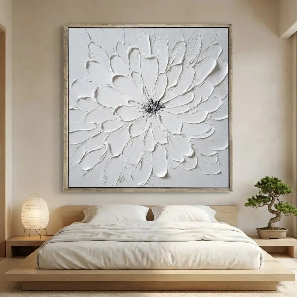 Modern bedroom with a large abstract floral artwork on the wall.
