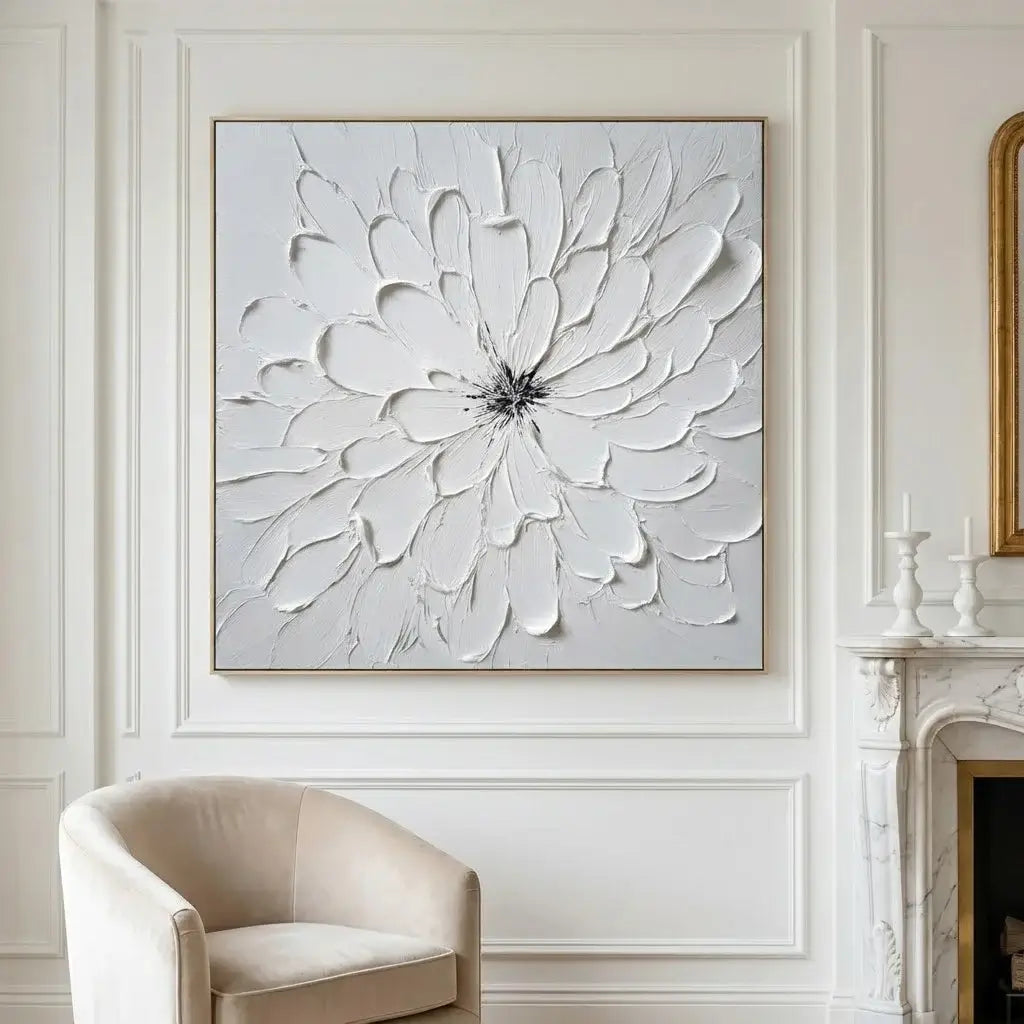 Decorative wall art of a white floral design in a living room setting.