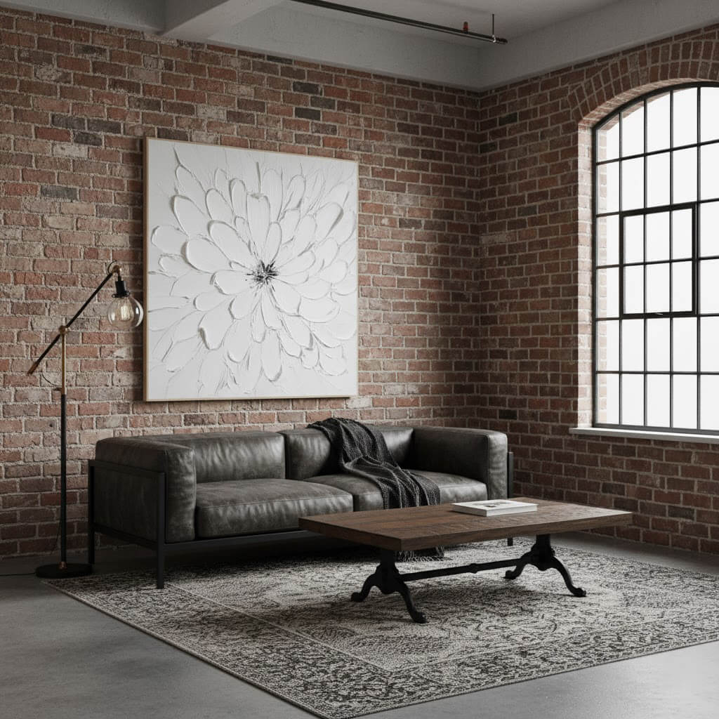 Modern living room with brick walls, a leather sofa, and a wooden coffee table.