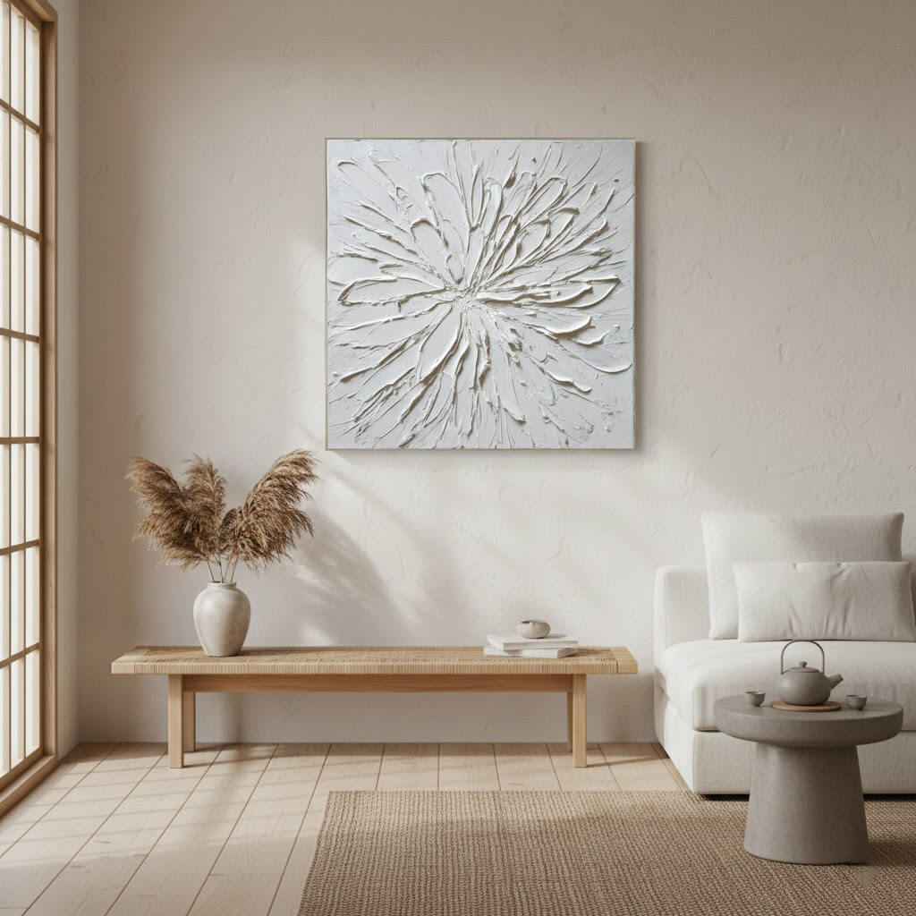 Living room with textured wall art, wooden bench, and white sofa.
