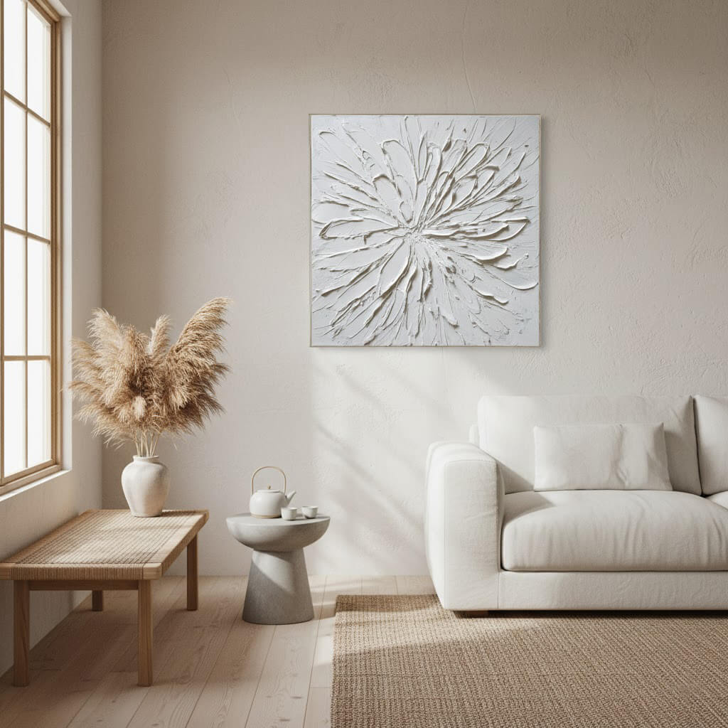 Modern living room with white sofa, wooden coffee table, and decorative wall art.