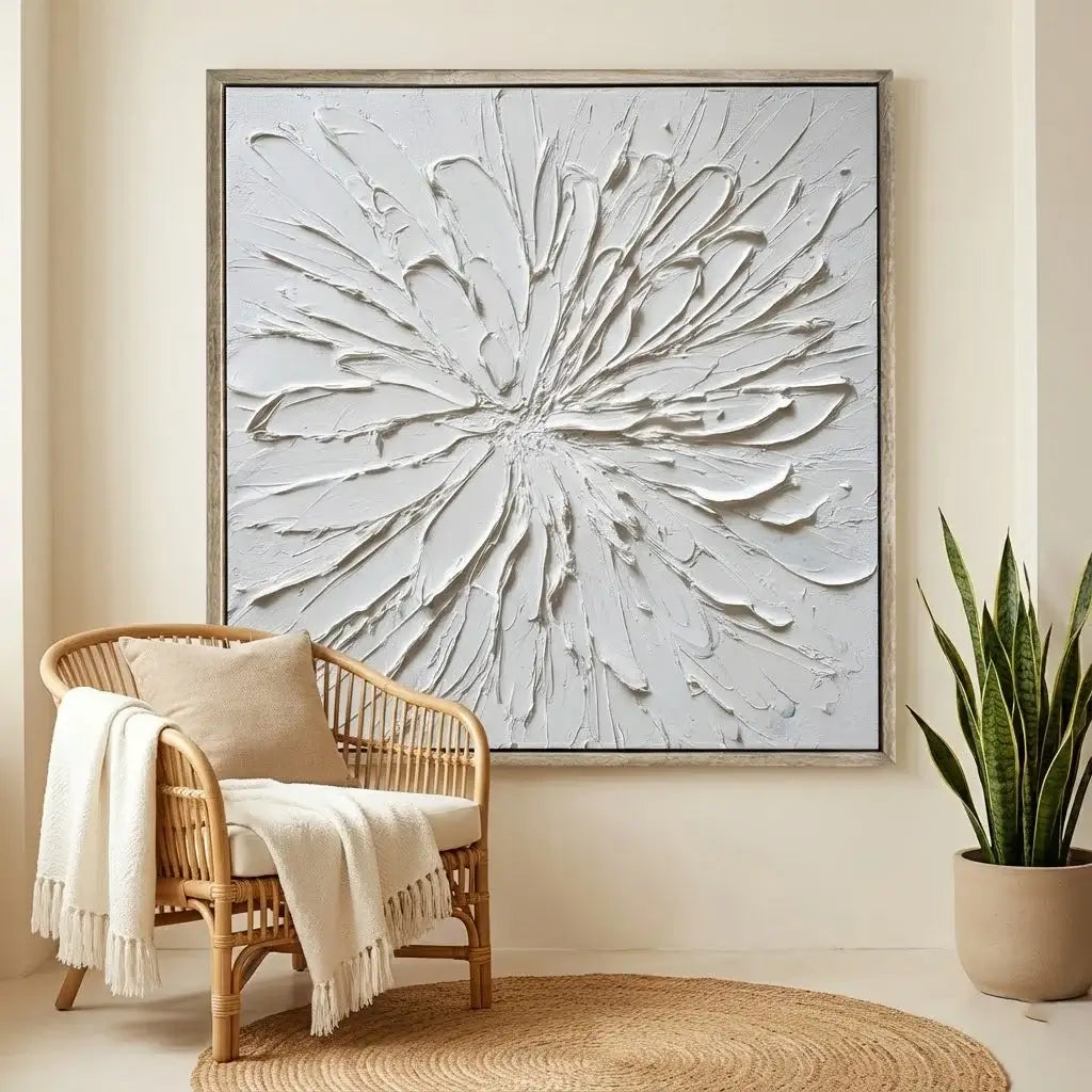 Abstract wall art above a wicker chair with a plant in a room.