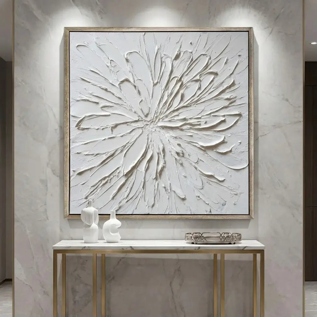 Abstract wall art in a modern interior setting with a console table.