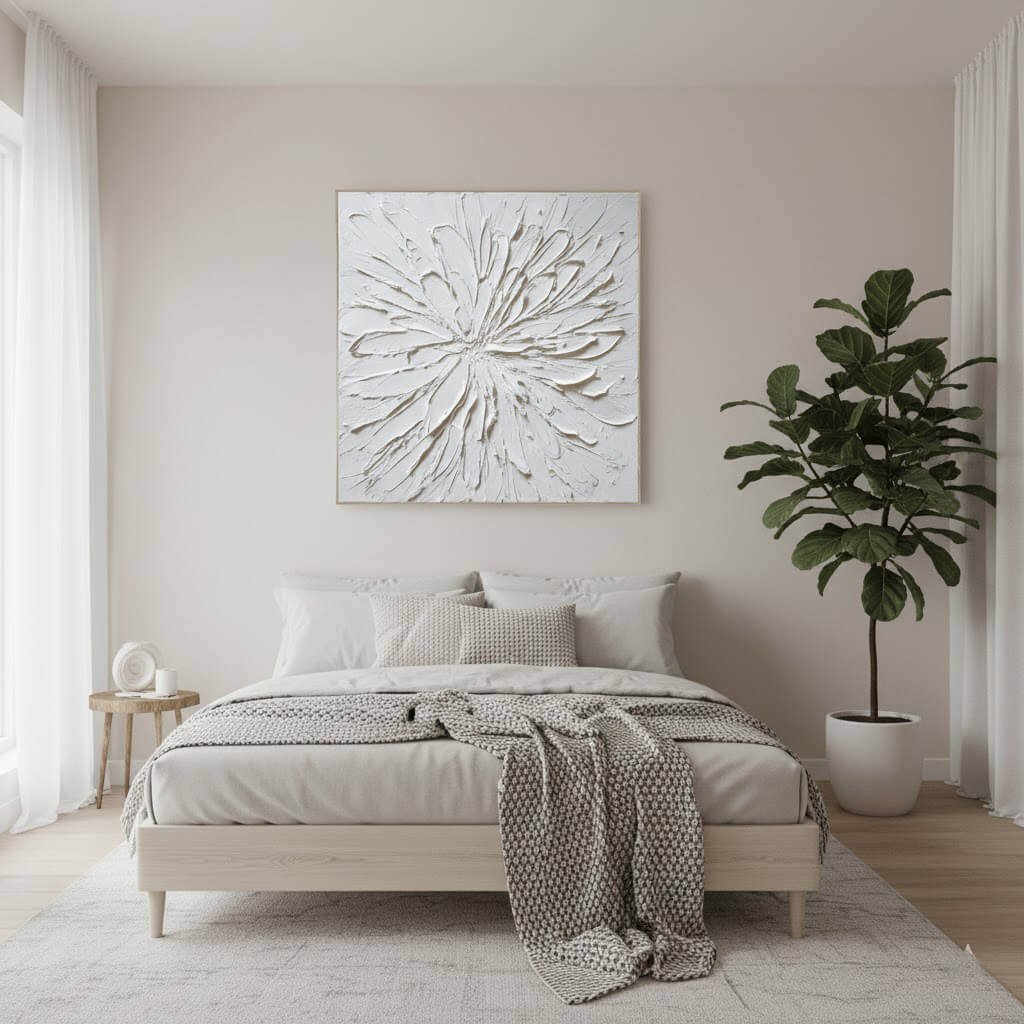 Modern bedroom with a bed, decorative plant, and wall art.