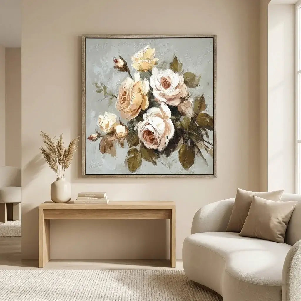 Floral painting on a wall above a wooden table with decorative items, in a living room setting.