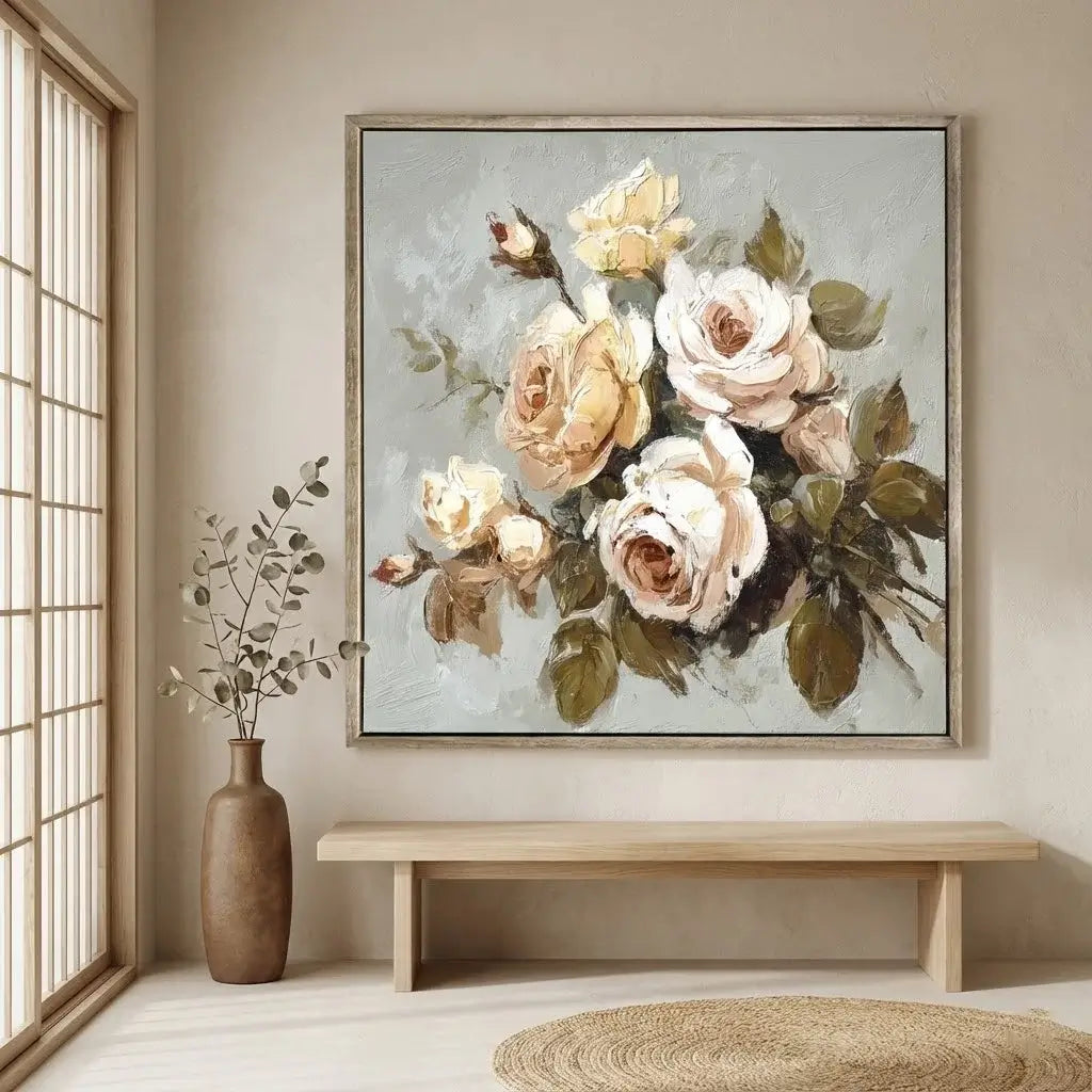 Floral painting on a wall in a room with a vase and bench.