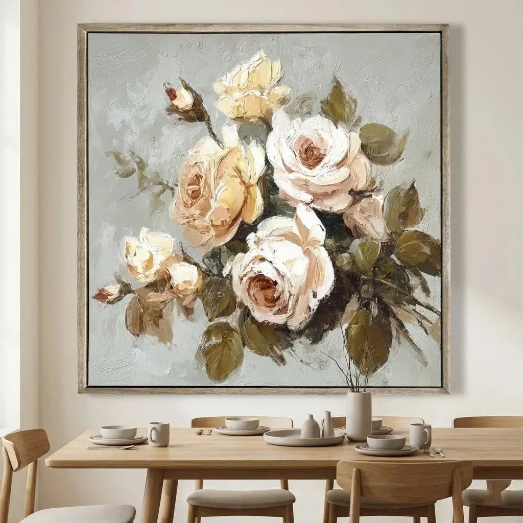 Floral painting above a dining table with tableware