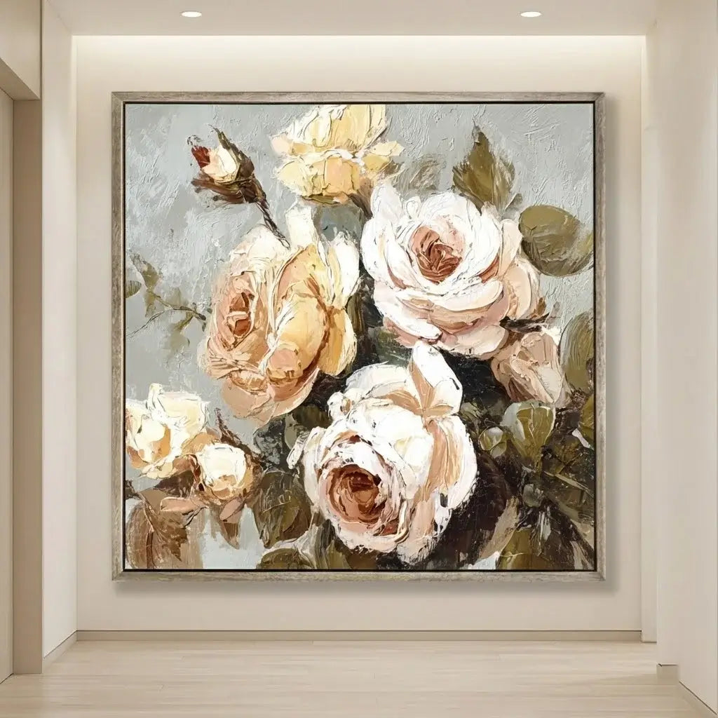 Floral painting with roses in a neutral color scheme on a wall.