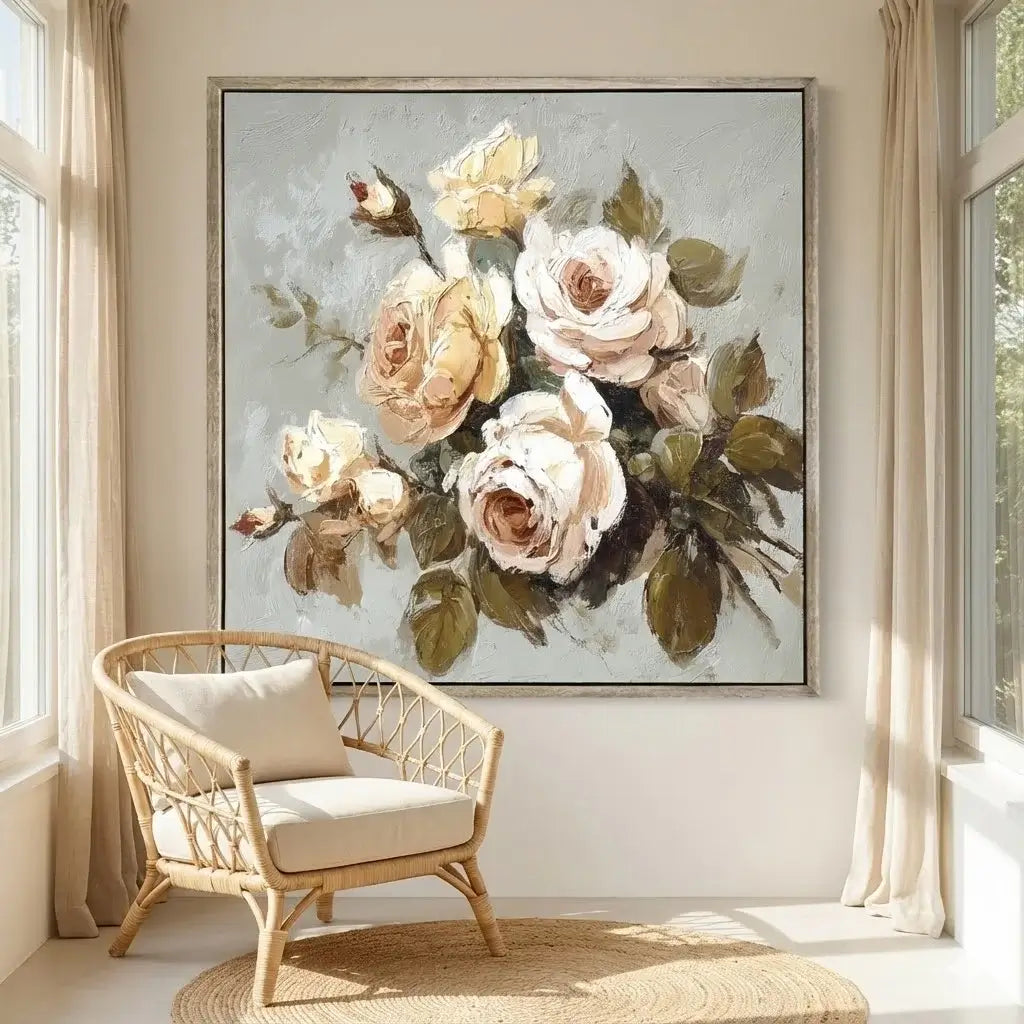 Floral painting on a wall above a wicker chair with a cushion.