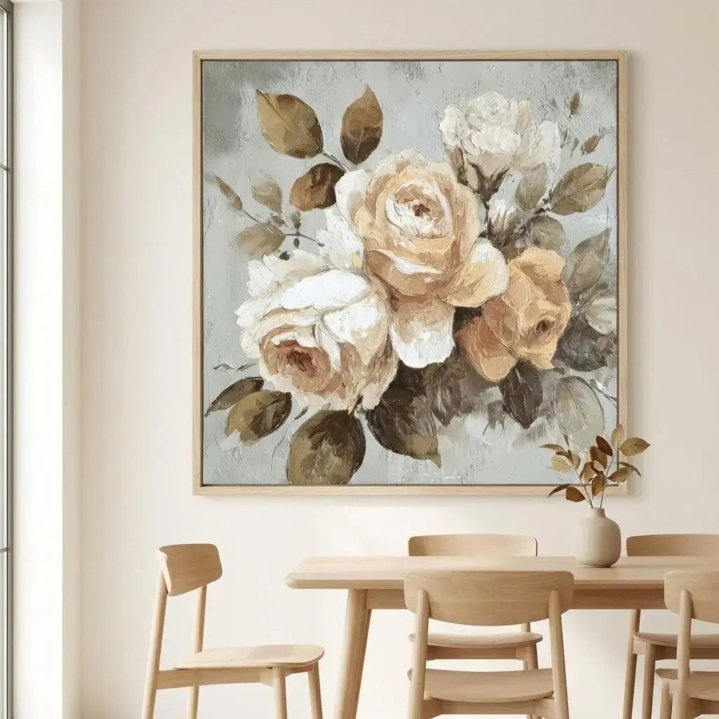 Floral painting above a wooden dining table with chairs