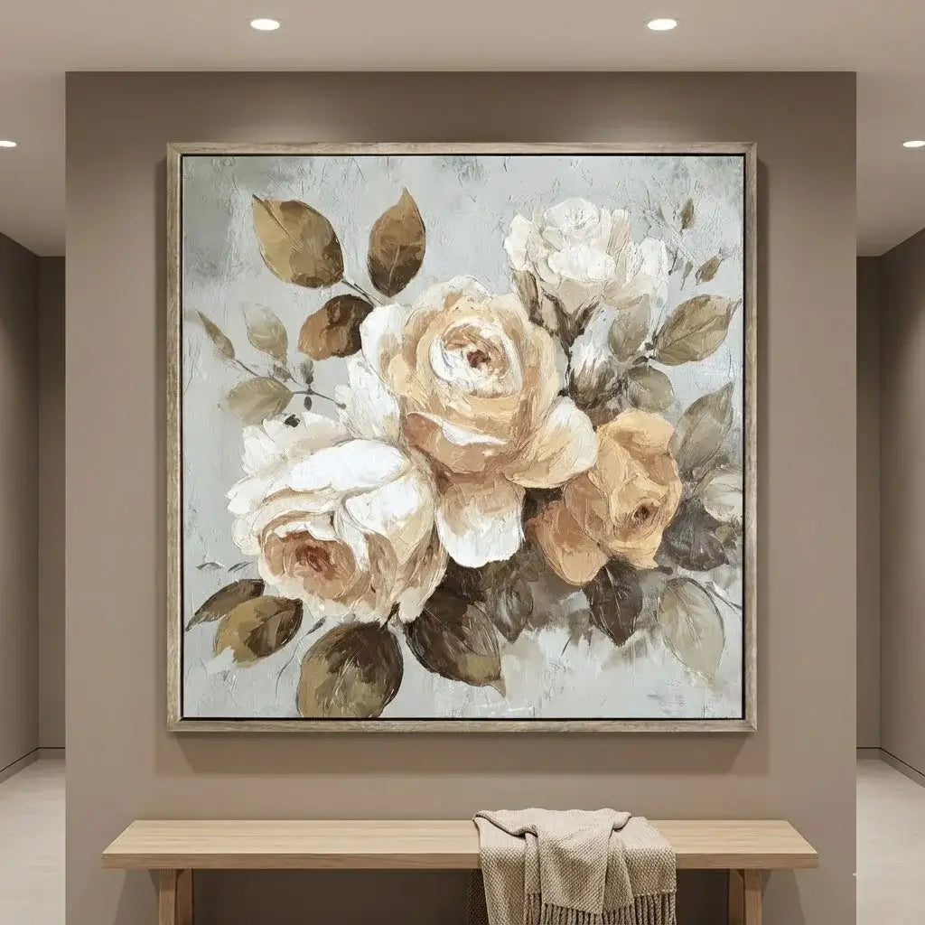 Framed floral painting on a wall above a wooden bench.