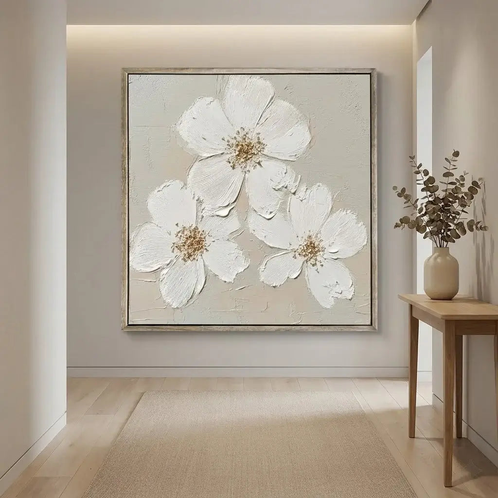 Floral painting on a wall in a room with a wooden table and vase.