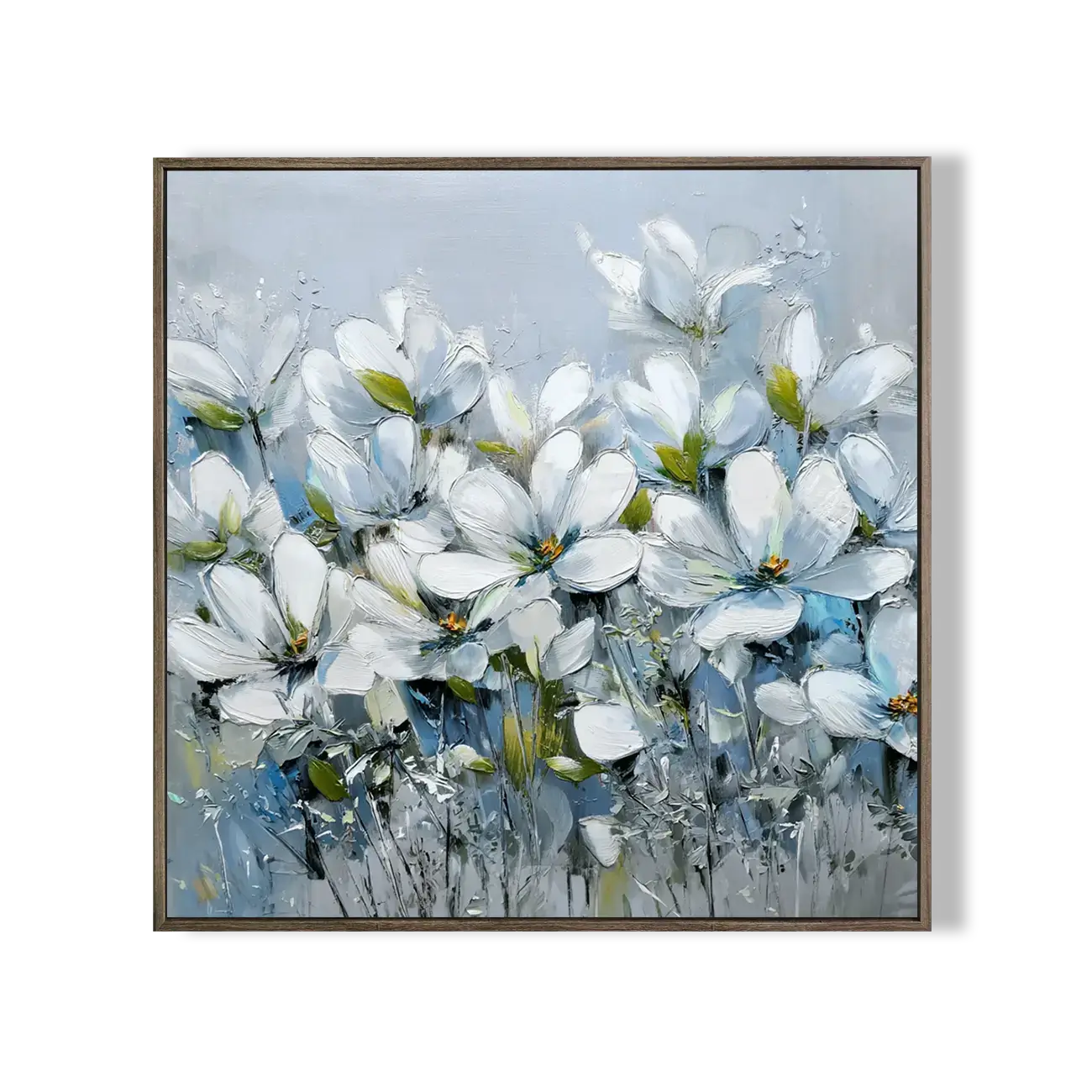 Framed artwork of white flowers on a gray background
